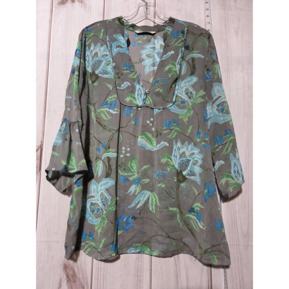 Old Navy Shirt Womens Large Gray Blue Green Floral Chiffon Sheer Tunic Top Boho